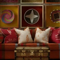 Friendly Folk Melon Orange Cushion 7 Friendly Folk Melon Orange Cushion -Home Furni and Decor Sale 215744 bloomsbury sofa in es cavalet 3 fabric with friendly folk huntsman red and melon orange cushions and wychood huntsman red wallpaper